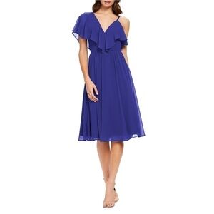DRESS the Population Sapphire Claudia Ruffle  Fit and Flat Midi Dress size XS